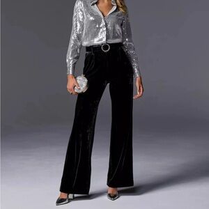 Boston Proper Malibu Wide Leg Velvet Trouser Pant Womens 0 Black Flare Old Money